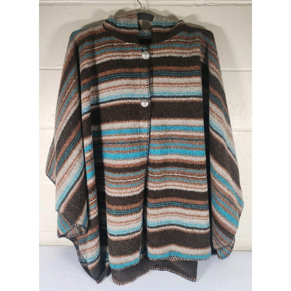Bear Ridge Outfitters Poncho Women XL2X Brown Teal Striped Hooded Wool Blend USA - Picture 1 of 9